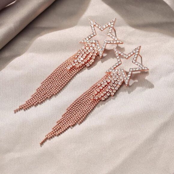 Rose Gold with White Diamond Crystal Star Beaded Tassel Post Back Drop Earrings - Picture 2 of 6